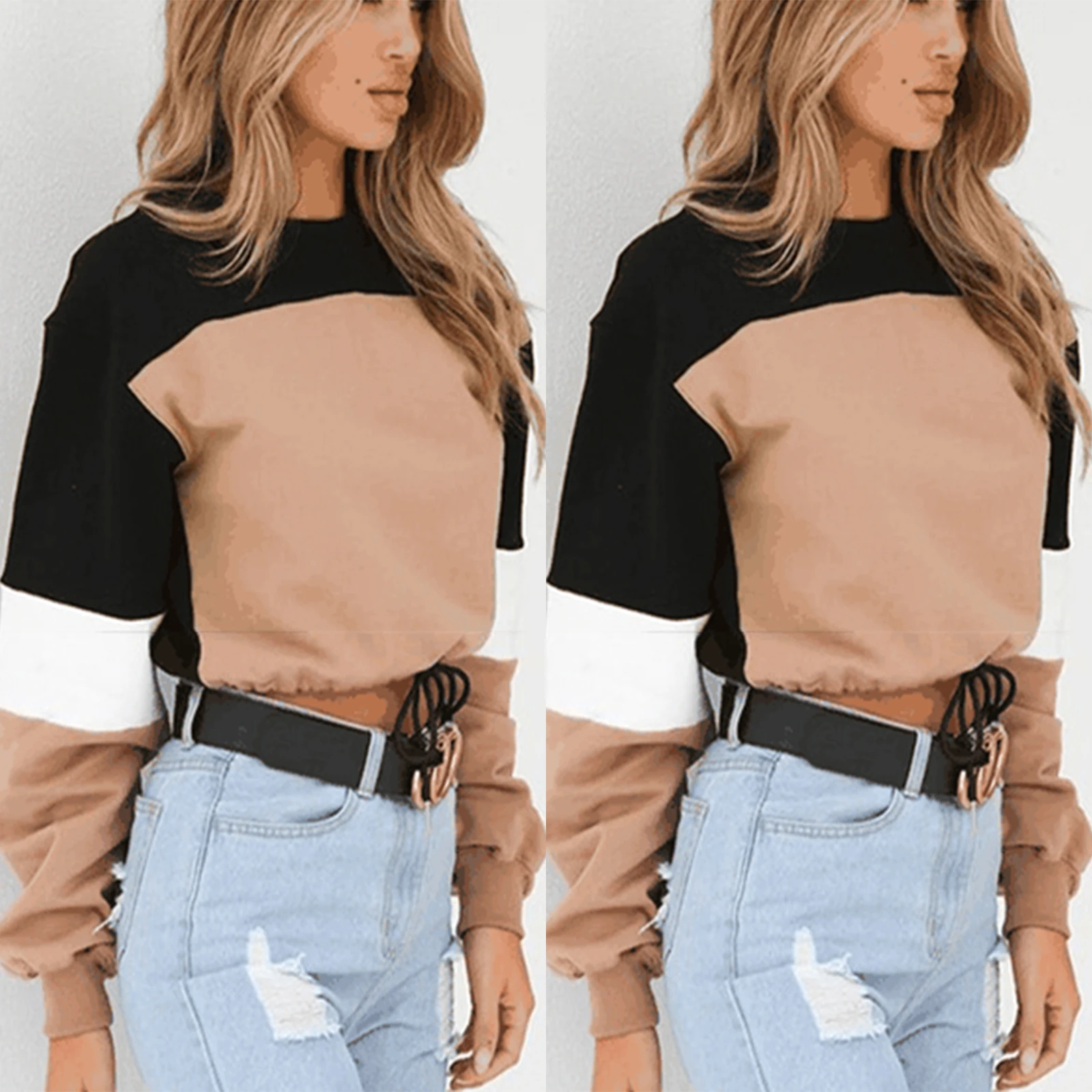 

Women Fashion Sweatshirt High Street Long Sleeve Drawsting Crop Top Crew Neck Patchwork Pullover Slim Causal Female Tops