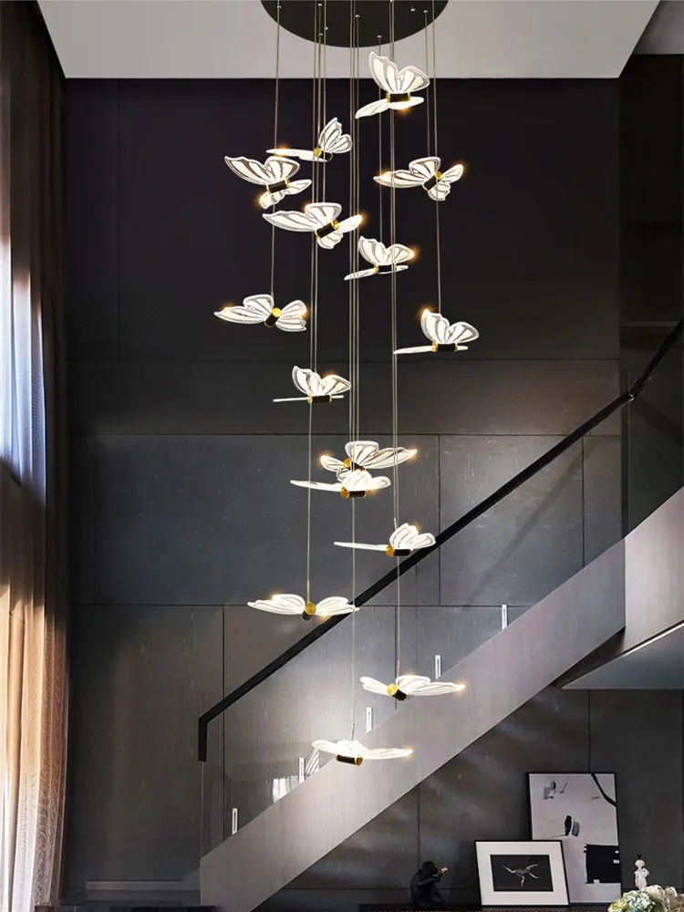 Moderne Schmetterling Schwarz LED Treppe Kronleuchter Nordic Duplex Gebäude Lange Hängen Lampen Villa Wohnung Esszimmer Kronleuchter