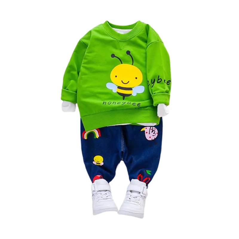 

Новинка, Весенняя детская модная одежда, футболка с мультяшным рисунком для маленьких мальчиков и девочек, джинсовые брюки, 2 шт./компл., детс...