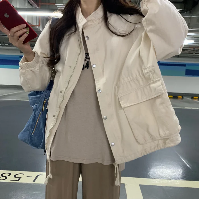 

Fashion Casual Loose Denim Jackets Women Elegant Stand Collar Front Buttons Coats Women Solid Pockets Jackets Ladies