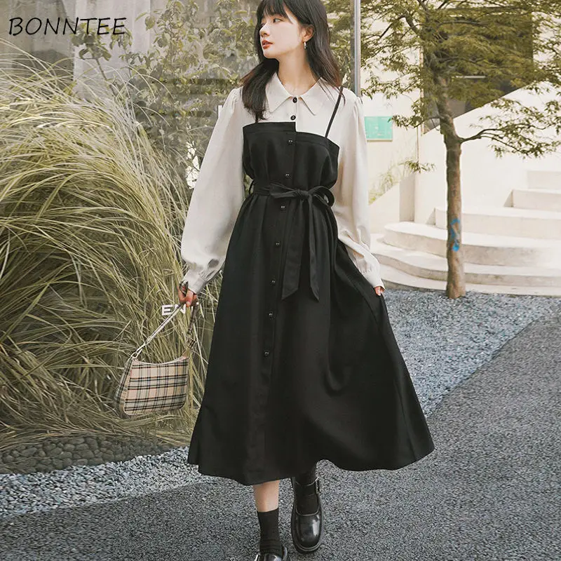 Long Sleeve Dress Women Patchwork Turn-down Collar Sashes Design All-match Vestido Stylish Korean Style Elegant Basic College