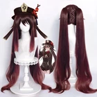 Парик для косплея Ху Тао Genshin Impact HuTao, длинные коричневые термостойкие синтетические волосы 110 см, парики для косплея аниме + шапочка для парика