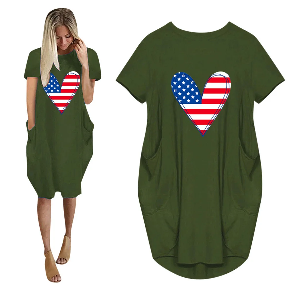 

2021 Summer New Women's Short Sleeve Casual Round Neck Printed Dress Female Loose Mid-Length Pockets Dress Vestidos De Mujer