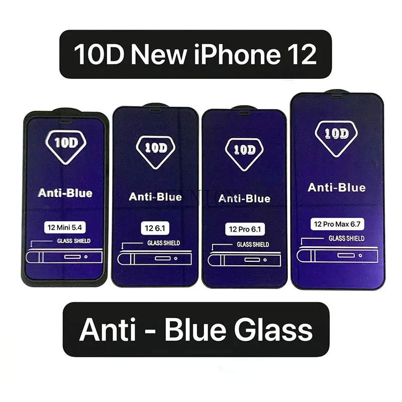 Free Post 50pcs 10D Anti-Blue Light Tempered Glass Screen Film for iPhone 13 12 Pro Max Mini 5.4 6.1 6.7 11 X Xs Xr 8 7 6s Plus