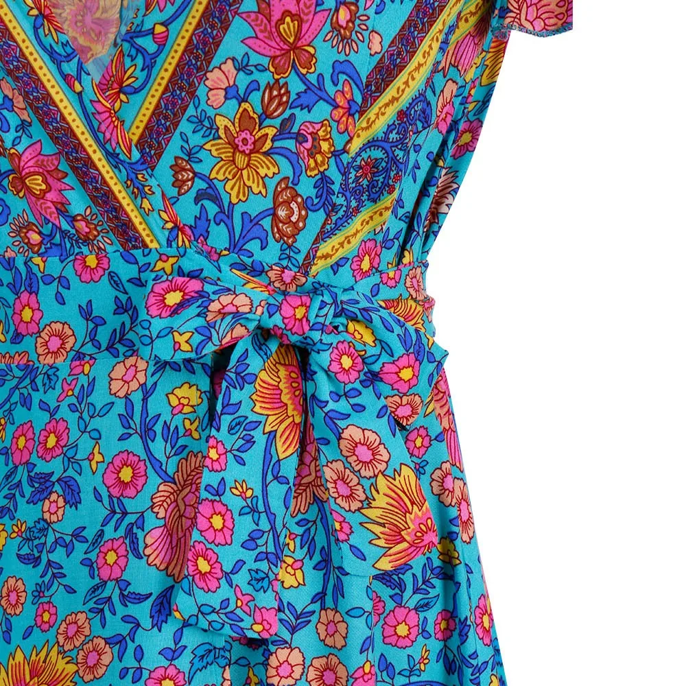 

2021 New Strappy Short-sleeved V-neck French Style Wrap Dress Flower Positioning Print Pleated Skirt Dress