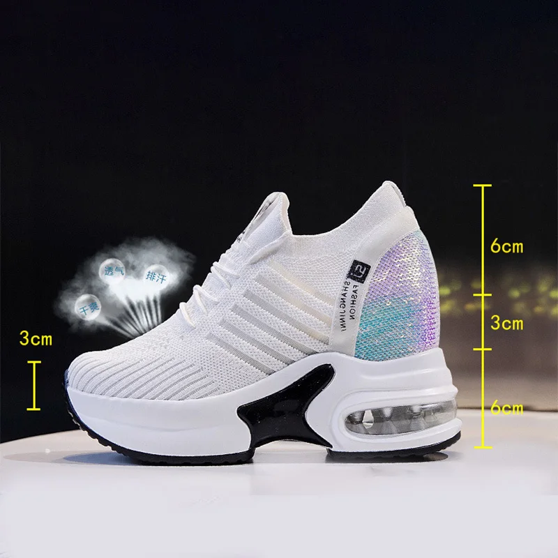 

Women's Sneakers Spring Sequined Casual Shoes Women Platform Heels Wedges Height Increasing 2021 Knitted Ladies Vulcanized Shoes