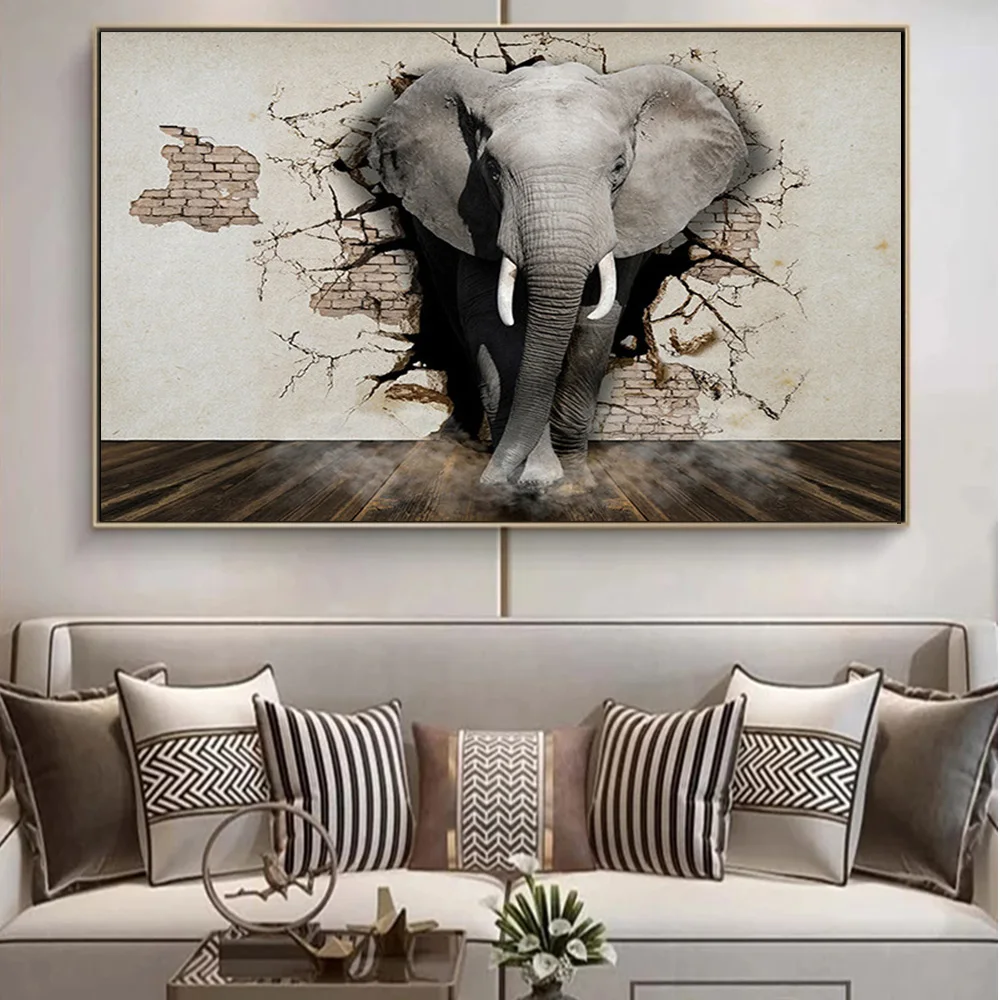 

African Elephant Breaking Through The Wall Art Posters Canvas Painting And Prints Animals Canvas Art Pictures Wall Decoration