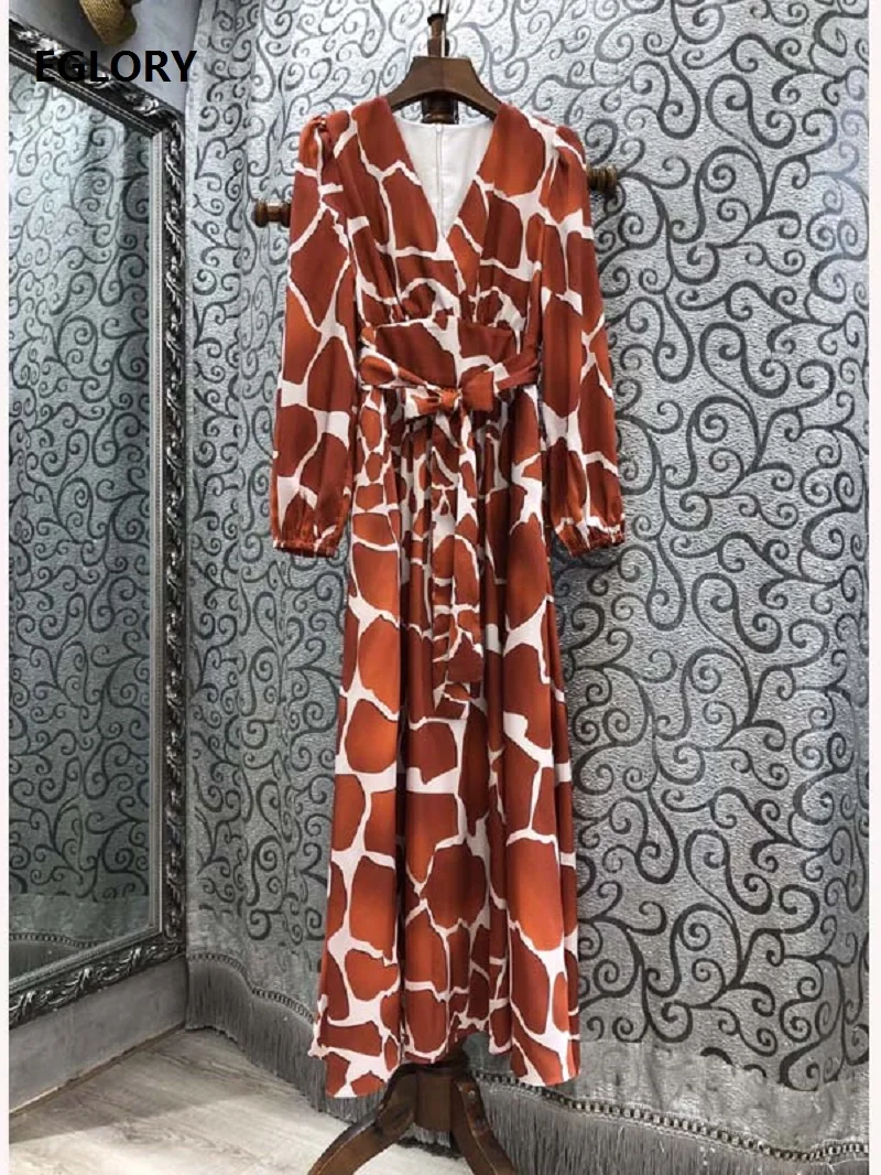 

Sexy Deep V-Neck Long Dress 2021 Spring Summer Clothing Women Cute Deer Print Patterns Pocket Patchwork Long Sleeve Maxi Dress