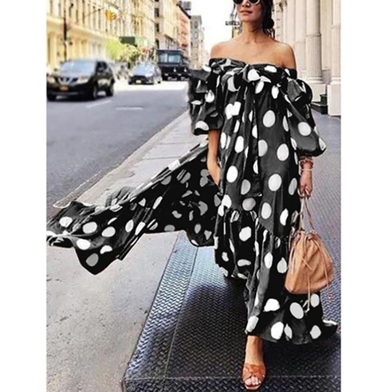 Плиссированное платье в горошек Boho летнее пляжное макси-платье с открытыми