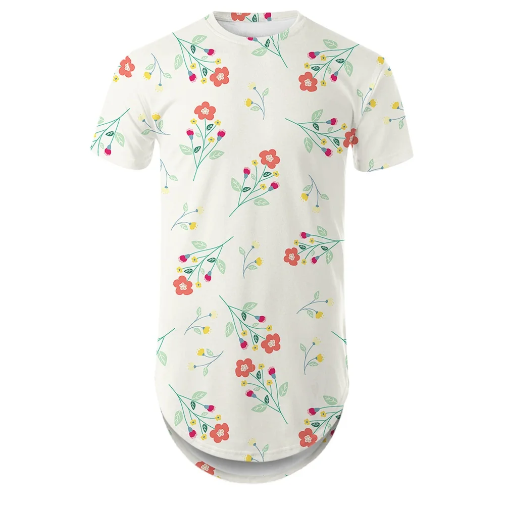 

Cloudstyle Men's T Shirt 3D Flower Printing Extended Streetwear Curved Hem Long Line Male Hip Hop Clothing Tops
