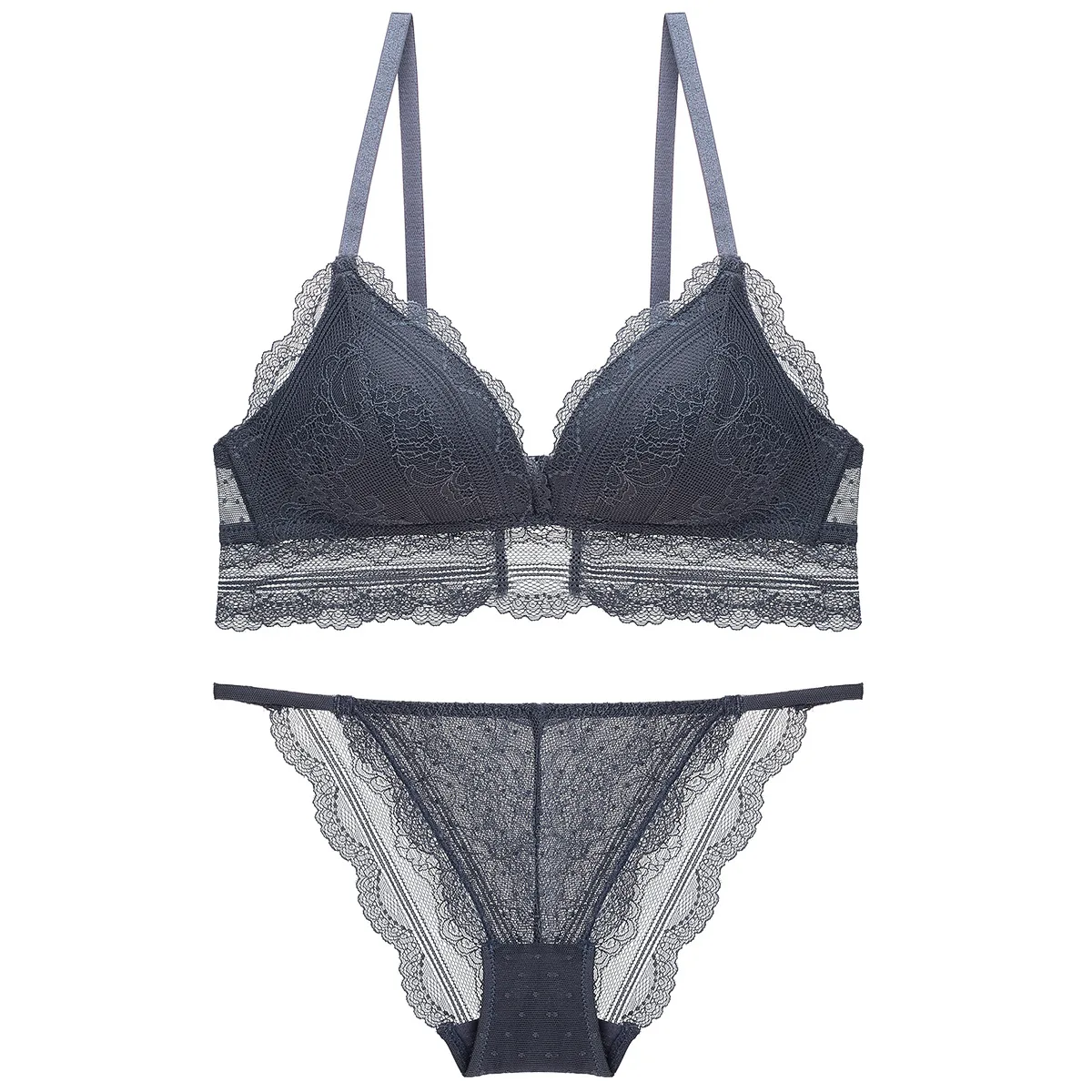 

French Sexy Lace Underwear Outfit Triangle Cup Comfortable No Rims Thin Section Bra with Panties Set Lingerie Bra Briefs Female
