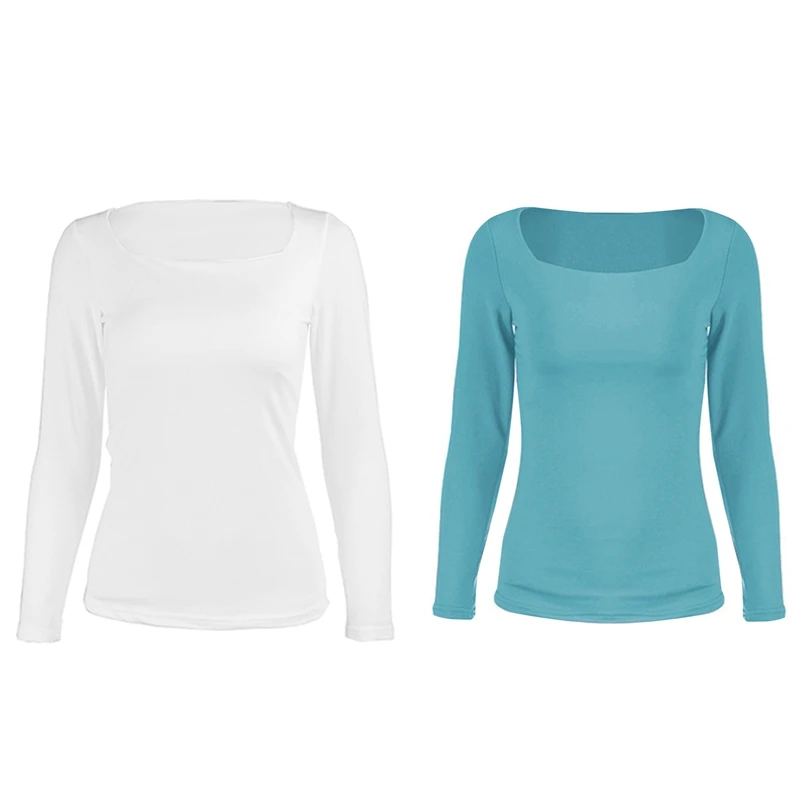 

2PCS Women's Sexy Solid Color Slim Square Collar Long Sleeve T-Shirt Bottoming Top, White & Light Blue
