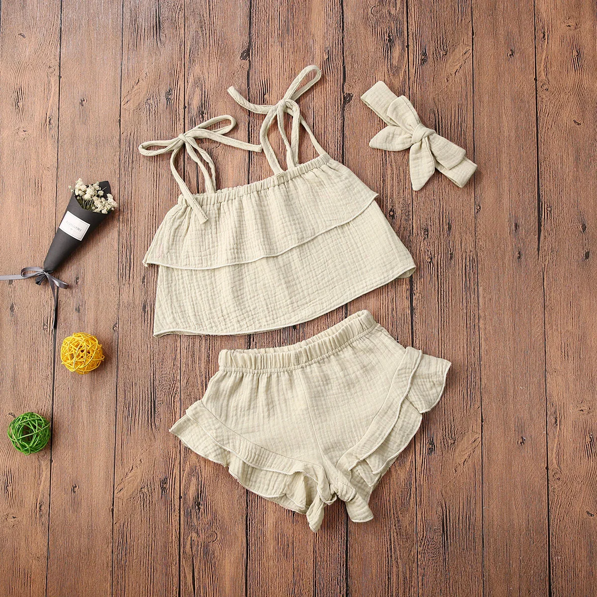 2020 Baby Summer Clothing Infants Girls Top Shorts Lace Pleated Elastic Headband Bow Sleeveless Ruffle 100% Cotton Outfit | Детская