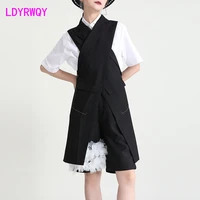 ldyrwqy 2021 summer cross double side hollow fashion v neck black pocket japanese and korean vest polyester