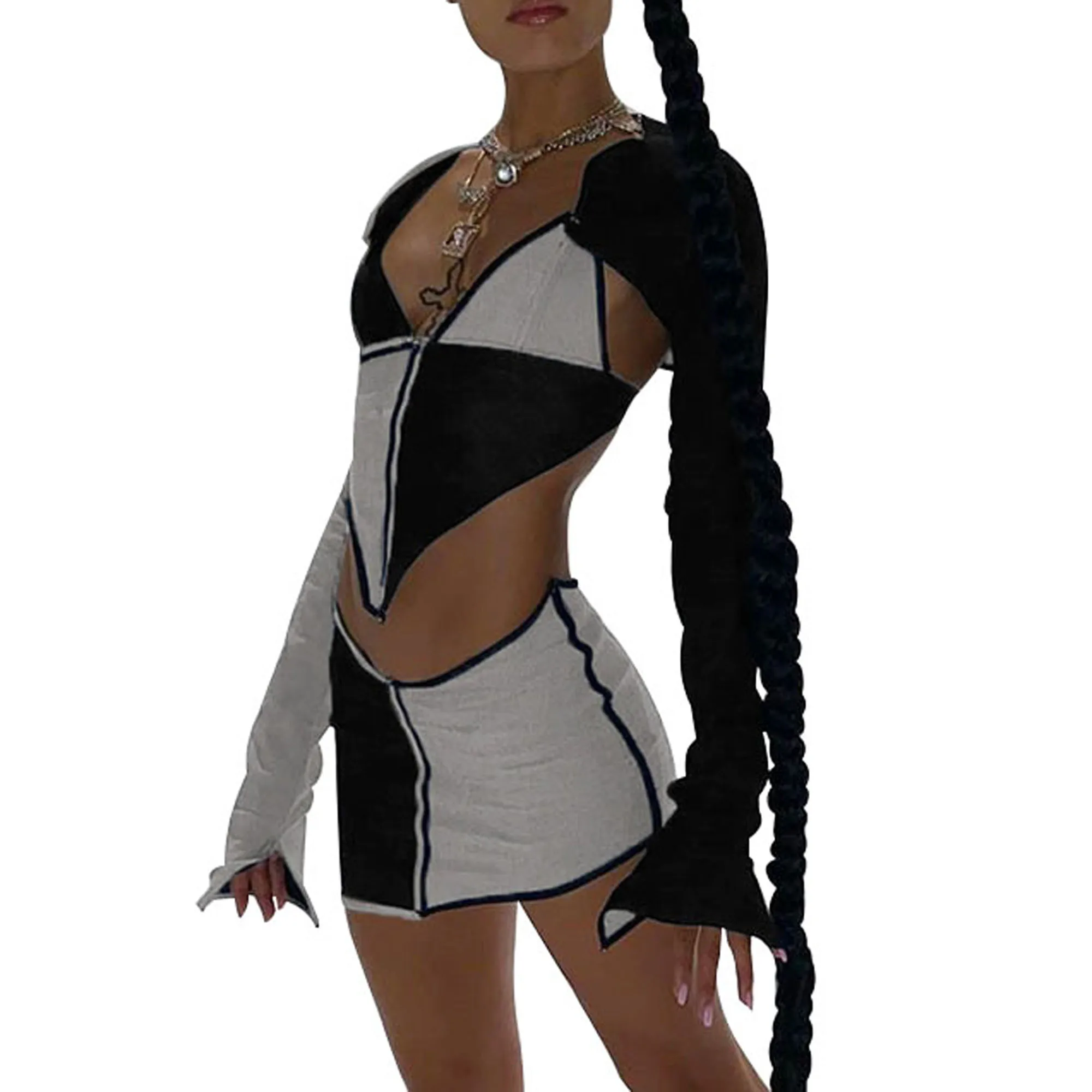 

Women's Three Piece Set, Color Contrast Stitching V-neck Open Back Sling Sleeve Shawl Skirt Suit for Female