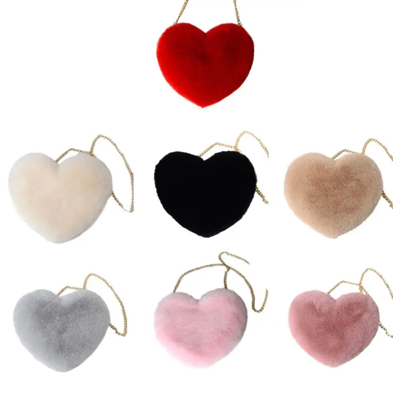 

2021 Fashion Women's Heart Shaped Faux Fur Crossbody Wallet Purse Chain Shoulder Bag Lady Handbag