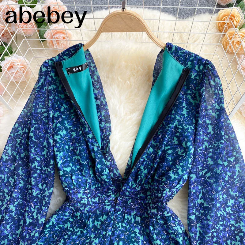 

Korean Floral Pleated Dress Women Puff Sleeve V Neck Beaded A-line Dresses Summer Bohemian Print Beach Short Sundress