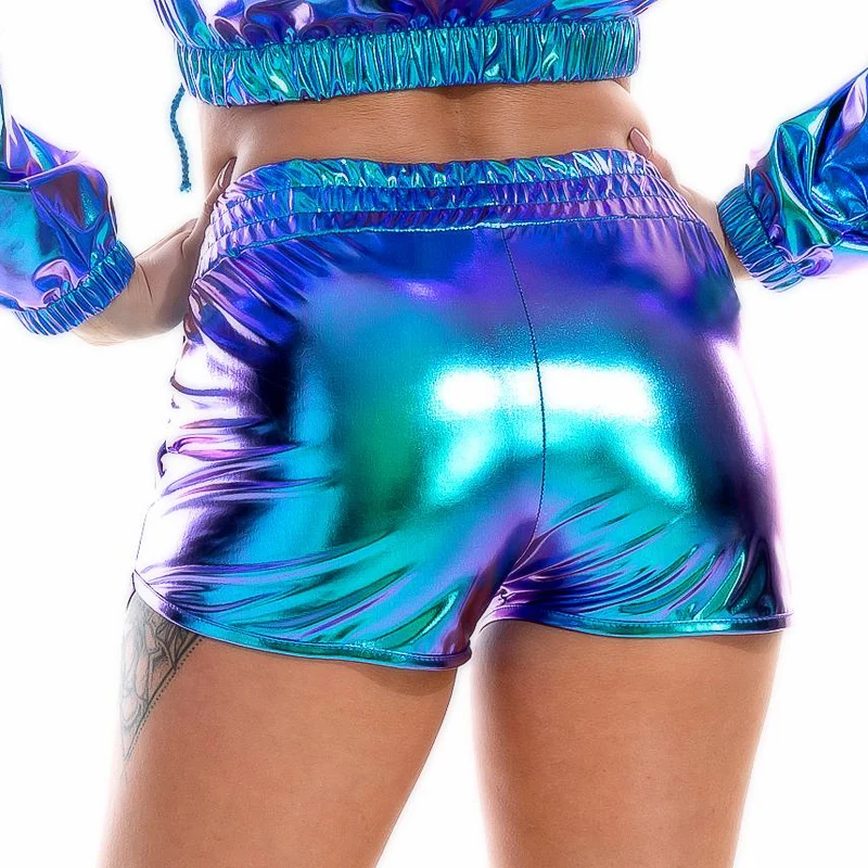 

Women Metallic Shorts Elastic Waist Shiny HotPants Rave Dance Booty Shorts with Pockets Sexy Party Club Shorts Bottoms