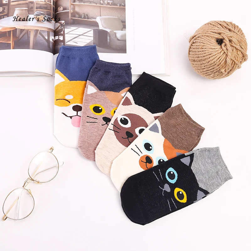

2020 new fashion women socks cotton color cat dog animal Harajuku funny cool art happy summer Kawaii girl invisible boat socks