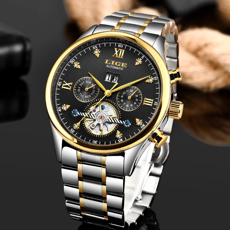Часы наручные LIGE Мужские автоматические брендовые Роскошные модные деловые