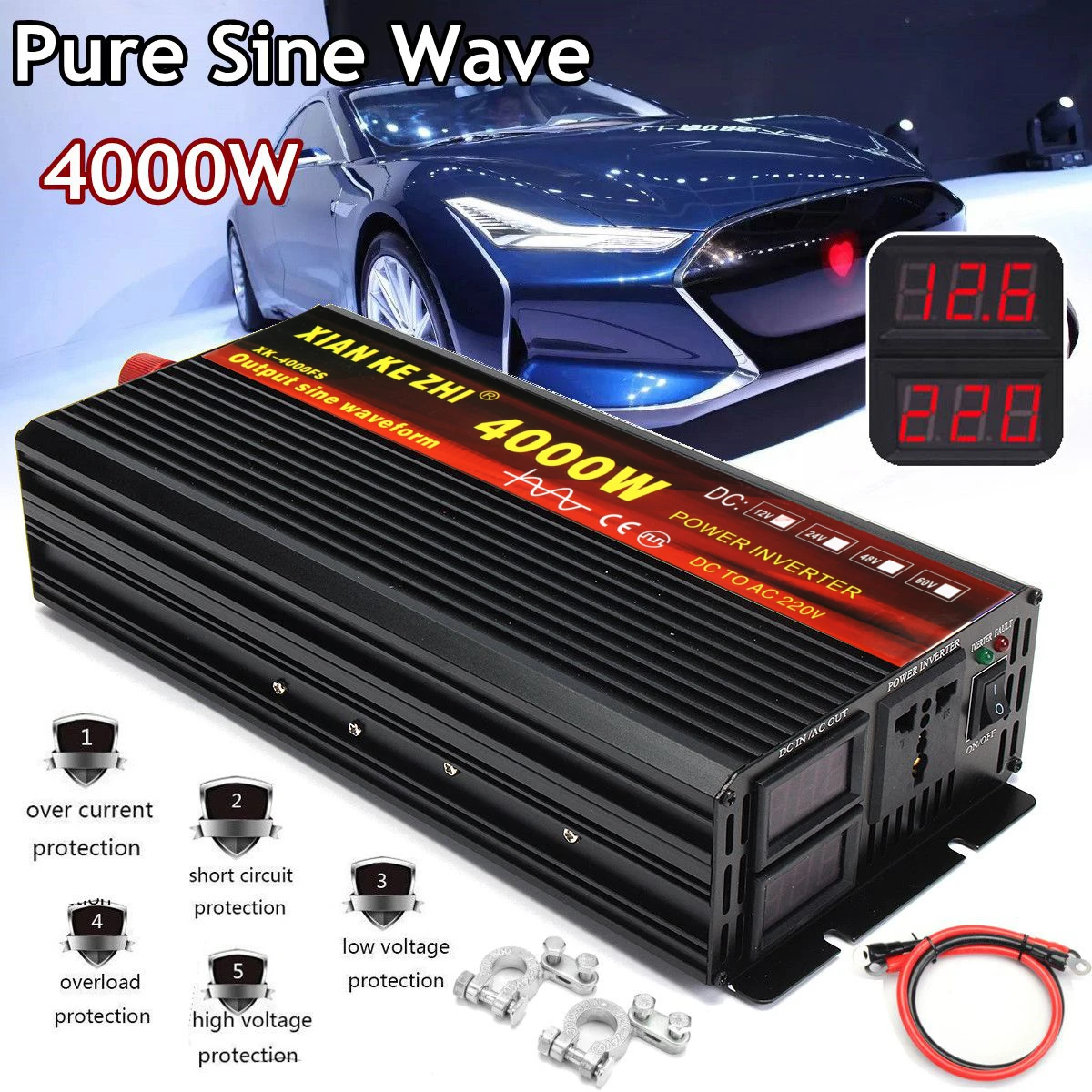 Инвертор 12 V/24 V 220V 2000/3000/4000W Напряжение трансформатор с немодулированным синусоидальным сигналом Мощность инвертор DC12V к переменному току 220V преобразователь+ 2 светодиодный Дисплей