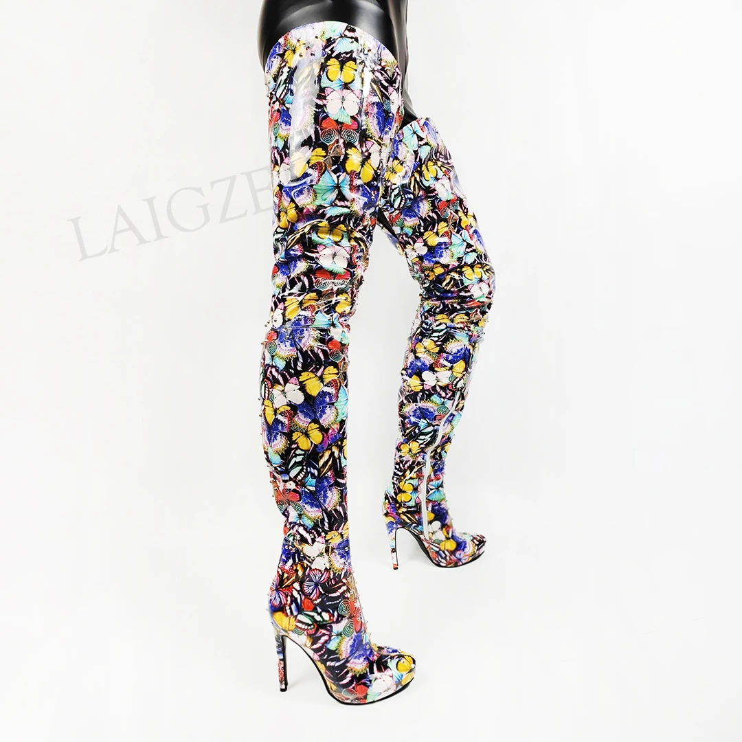 

LAIGZEM Women Crotch High Platform High Heels Boots Butterfly Thigh High Heels Boots Studded Shoes Woman Size 44 46 47 49 50 52
