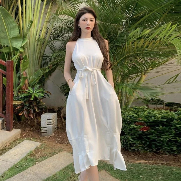 

Cold Style Women's High-Grade Waist Mid-Length Halter round Neck Dress Summer Sleeveless Holiday Beach Dress