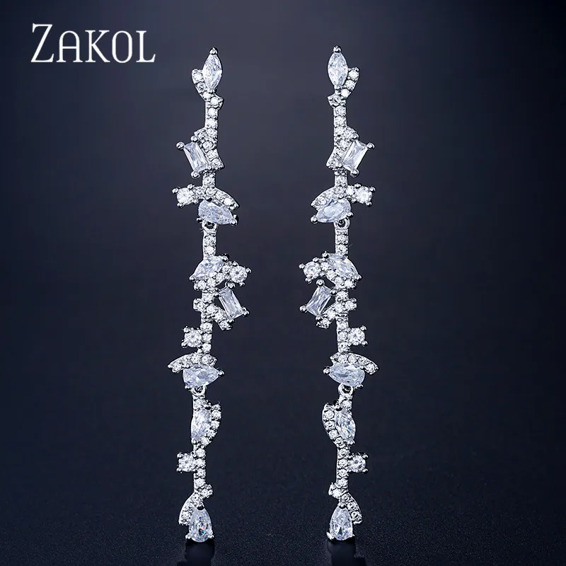 White Color ZAKOL изысканные свадебные дизайнерские длинные висячие серьги с листочками, ювелирные изделия, фианиты, Brincos для женщин Bijoux FSEP2155 - Окраска металла: White Color