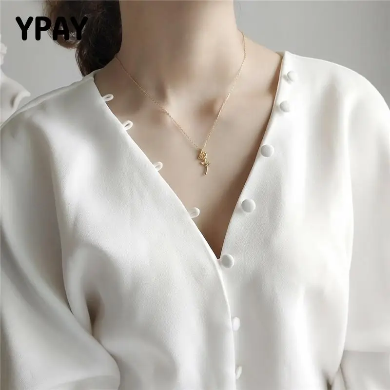 

YPAY Pure 925 Sterling Silver Gold Rose Flower Pendant Necklaces for Women Ladies Valentine's Day Festival Jewelry Gift YMN153