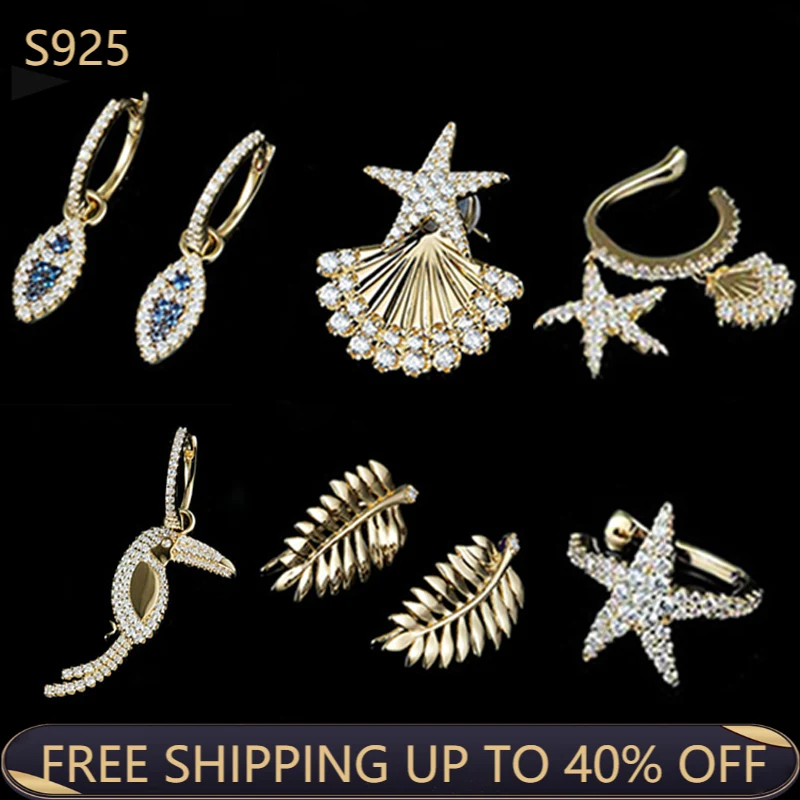 

925 Sterling Silver Earring Starfish Shell Small Fish Ear Stud Fashion Zircon Monaco Jewelry Charm Luxury Lady Birthday Gifts