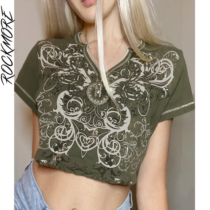 

Rockmore Vintage Print Crop Top Women Y2K Aesthetic Short Sleeves T Shirts Harajuku Casual Korean Tees Summer Grunge Fairycore