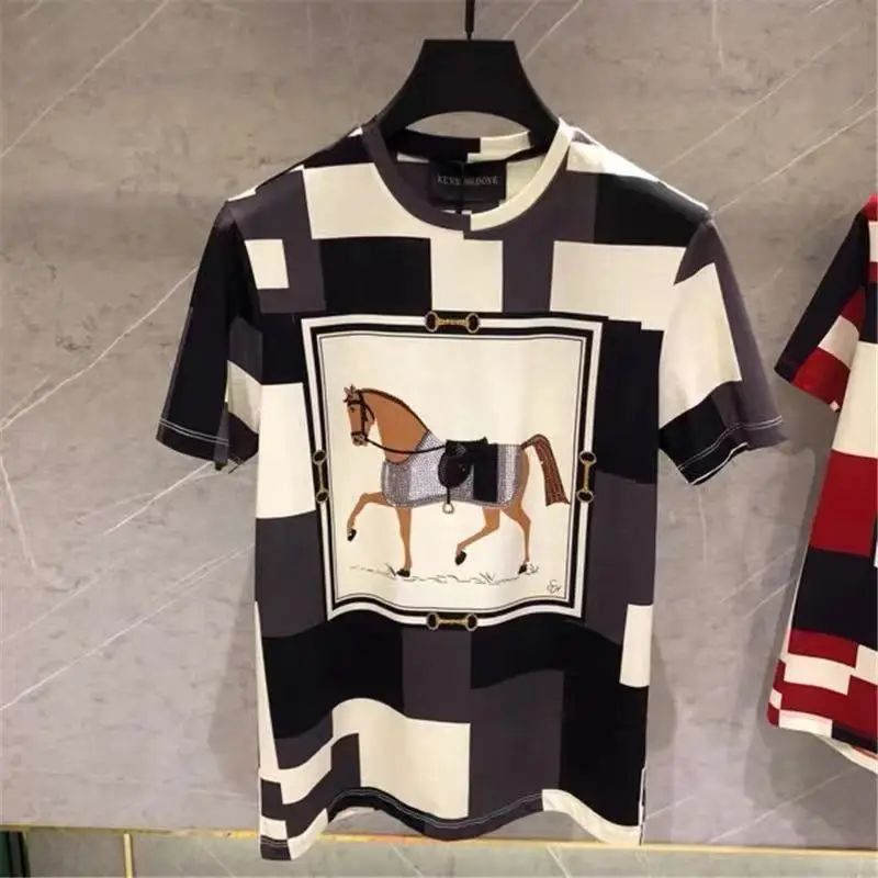 

Men's Plus Size Round Neck T-shirt, Summer New Style 2021 Hot-stamped Rhinestone Horse Checkered High-end Retro Gothic T-shirt