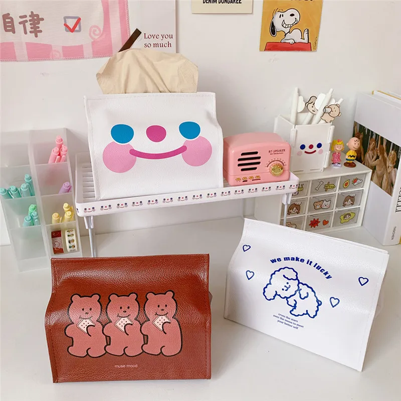 

Коробка для хранения салфеток с милым мультяшным принтом Kawaii Smile Bear PU для девочек, корейский, японский Настольный контейнер большой емкости
