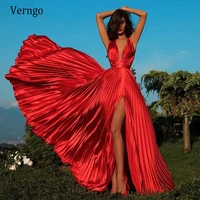 verngo red draped satin long evening dresses side slit v neck draped floor length prom gowns formal dress custom made