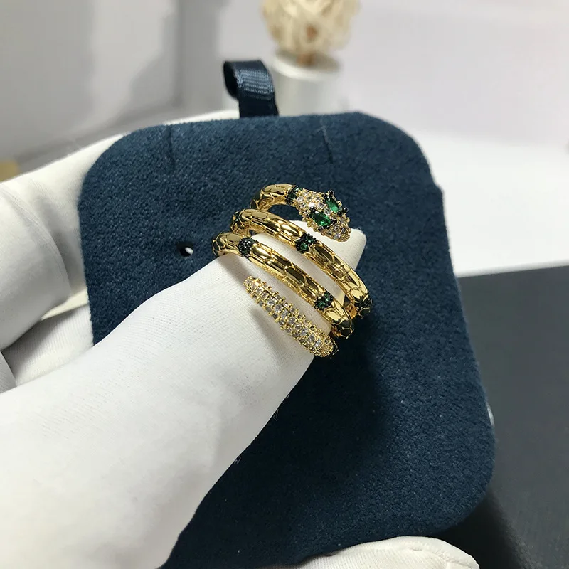 

New Layers Snake Gold Ring Green Eye Serpent Female Fine Jewelry Accessories Ophidian Finger Ornament Women Drop Shipping