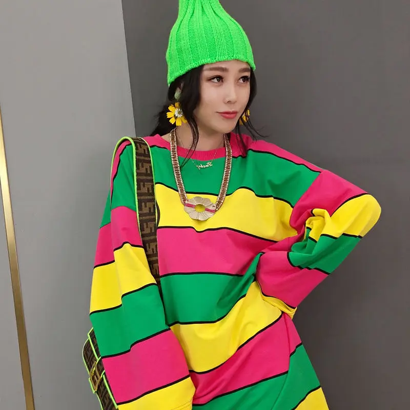 

European Station 2021 Spring New Fashion Outfit Striped Long Sweater Harem Pants Women's Two-Piece Suit Large Size Fashion