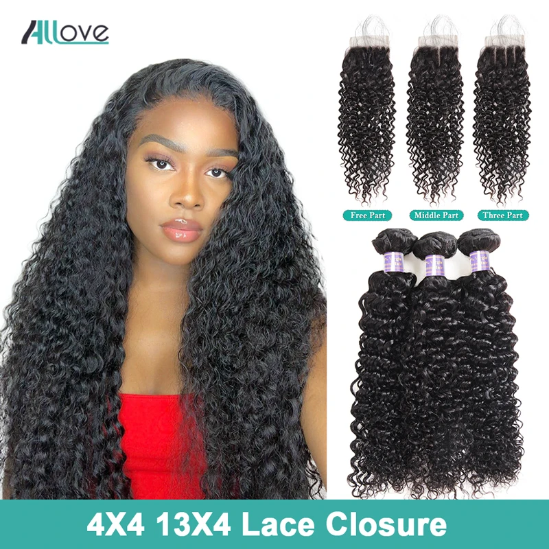 Курчавые пучки с закрытыми волосами малазийские волос кружевной застежкой Allove