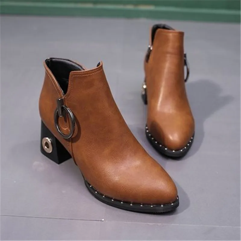 Winter Ankle Boots Women Rivets Platform Block Heel Female Zipper Pointed Toe High Heels Pumps Ladies Fashionable Shoes | Обувь