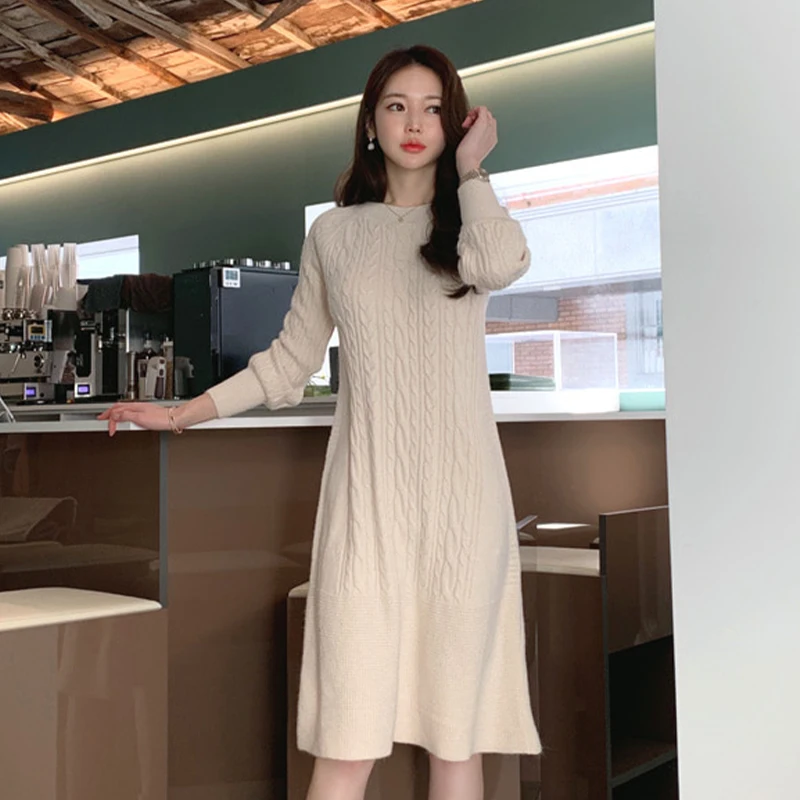 

Winter Chic Knitted Dress Women O Neck Jacquard Sweater Dresses For Female Long Sleeves Vestidos With Belt Korean Style