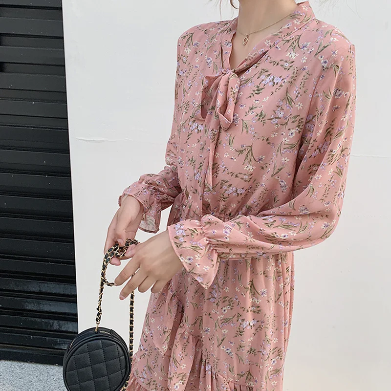 Женское платье макси элегантное шифоновое с цветочным рисунком осеннее бантом