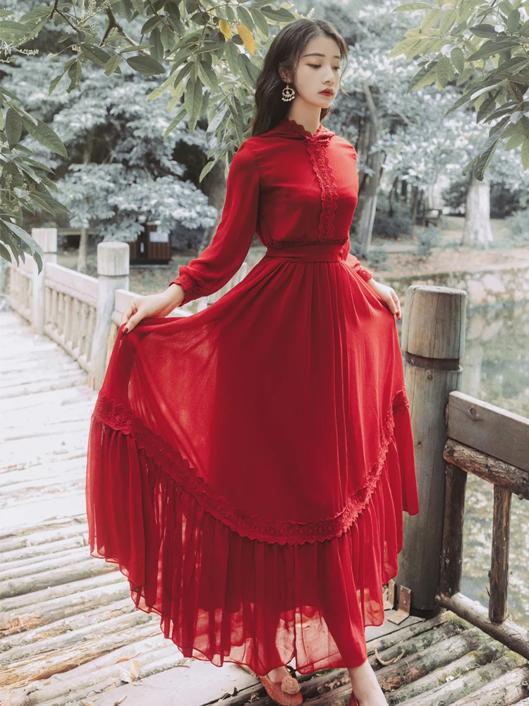 

Long Dresses Women Red Vintage Chiffon Linen Dress Big Color Vacation Dress