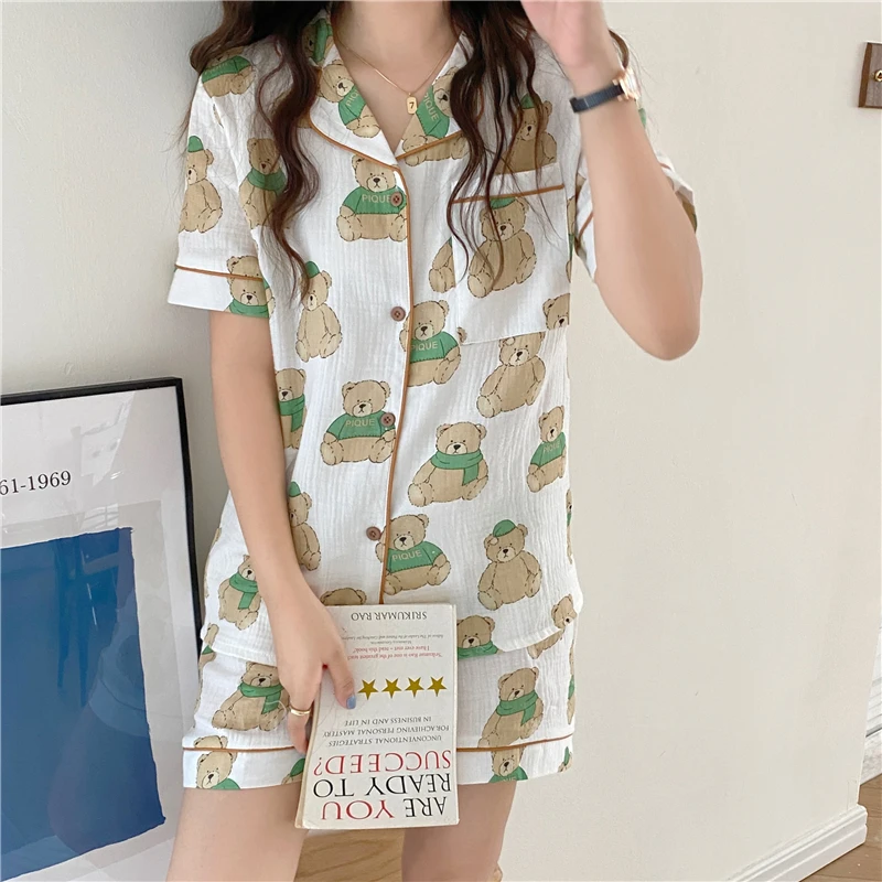 

CBAFU sweet cartoon bear pajamas set women summer cotton 2 piece set homewear short sleeve tops shorts suit sleepwear thin M787