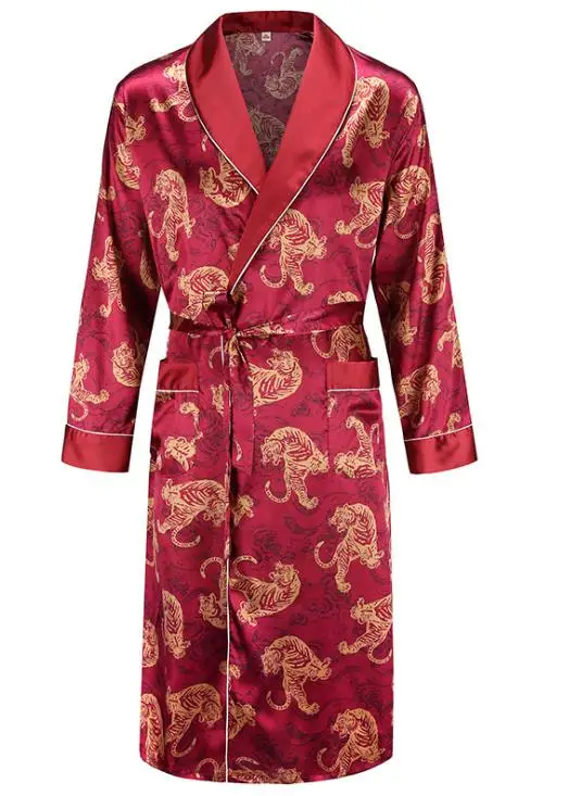 robe 8 Атласная Ночная рубашка мужской летний тонкий купальный халат Тигр Ночная рубашка свободный Свадебный халат шелковистый длинный рукав Sleeprobe размера плюс домашняя одежда - Цвет: robe 8