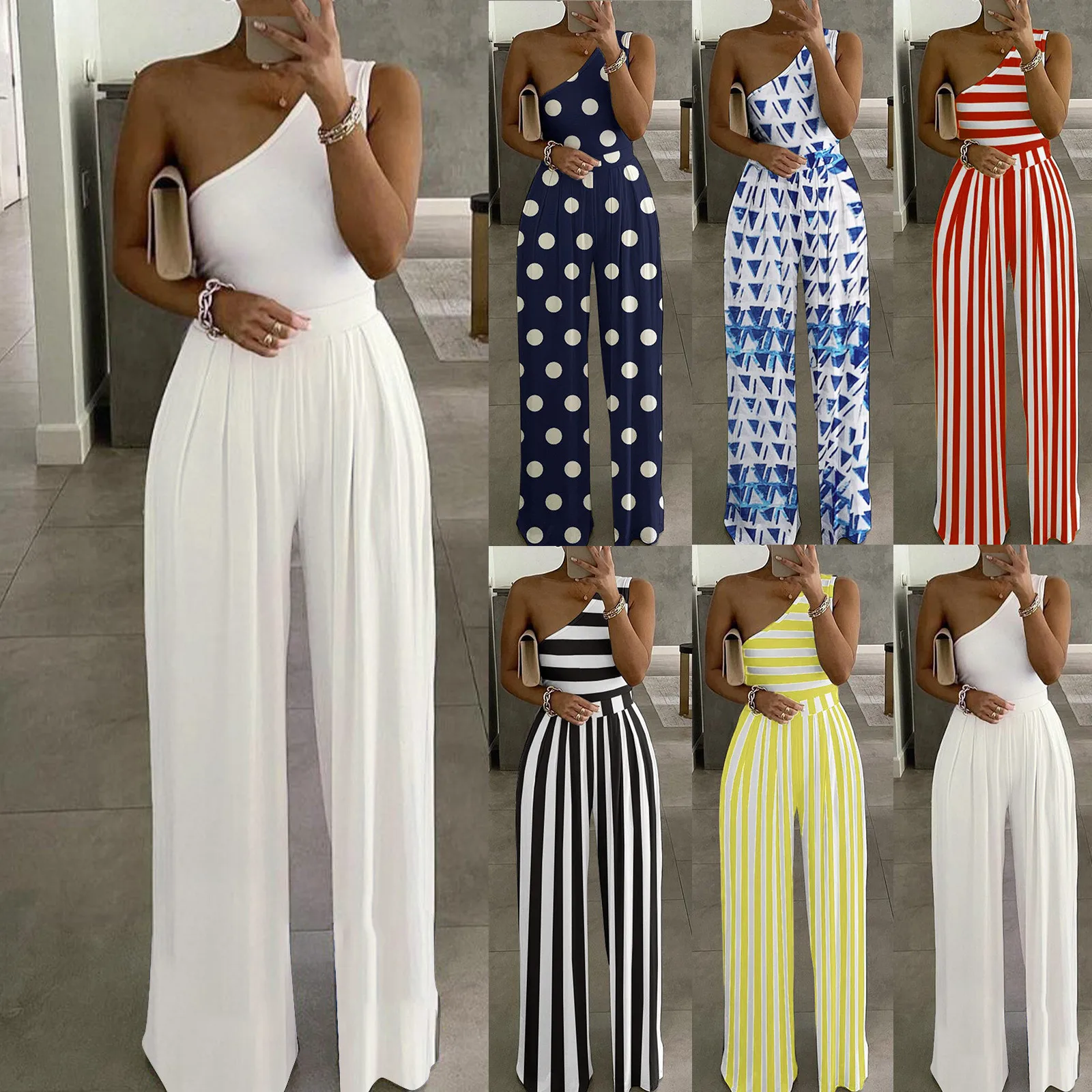 

Rompers Womens Jumpsuit Polka-dot Print Straps Wide-leg Pants Jumpsuit Loose Long Summer One-shoulder Jumpsuits macacao