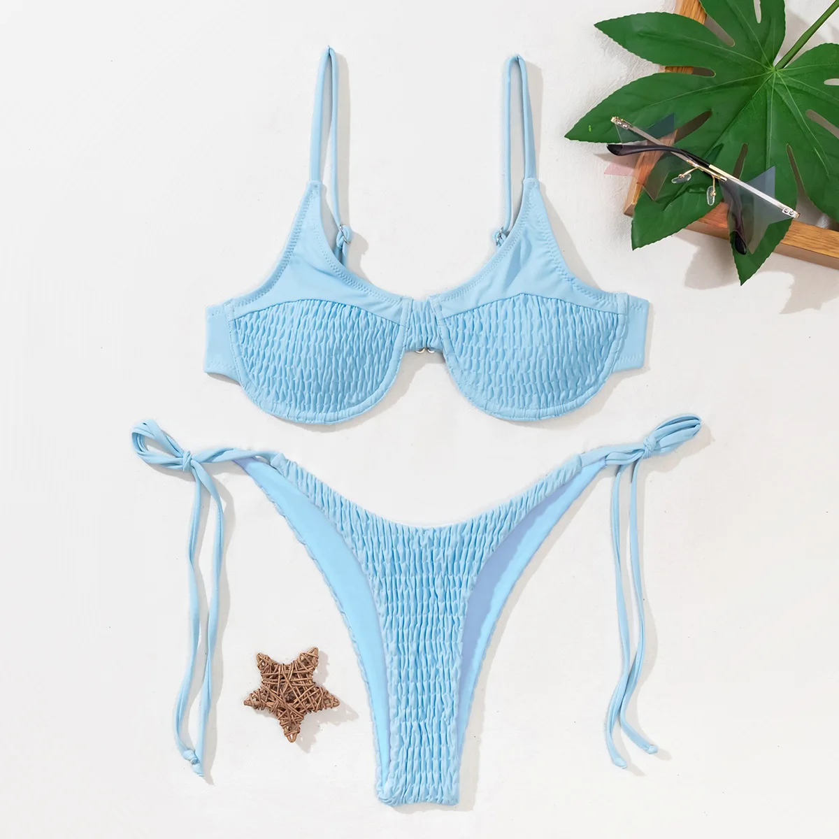 Сексуальное бикини на косточках 2021 женский однотонный синий плиссированный