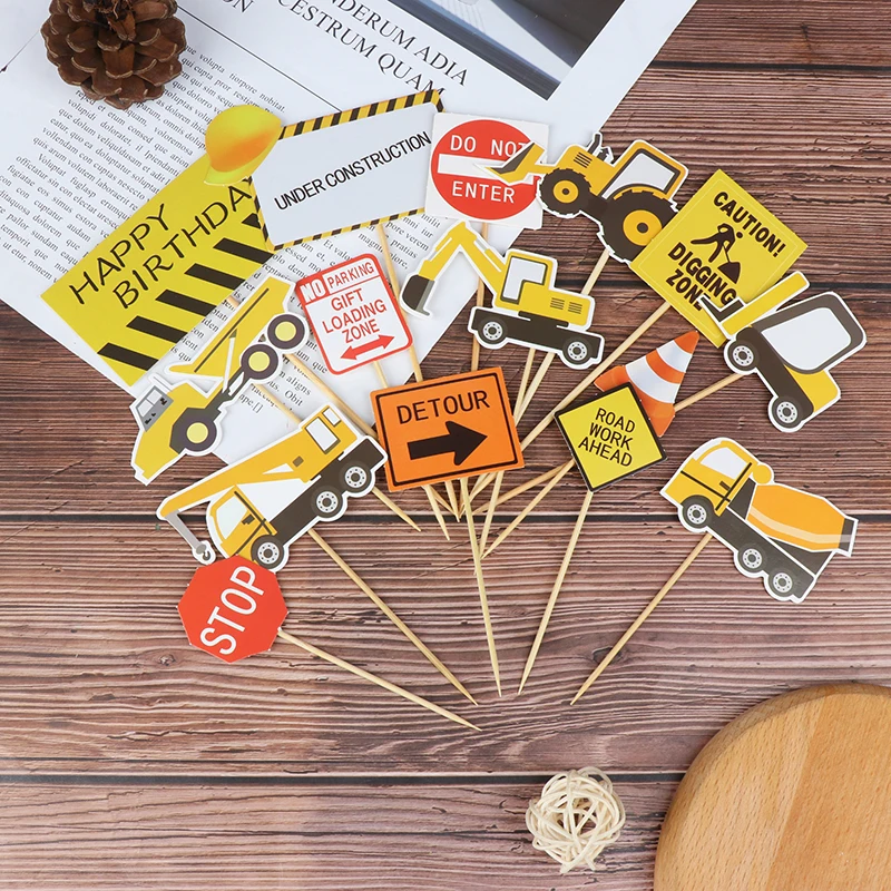 Милый Экскаватор Бульдозер торт Топпер мультфильм дорожные знаки с днем