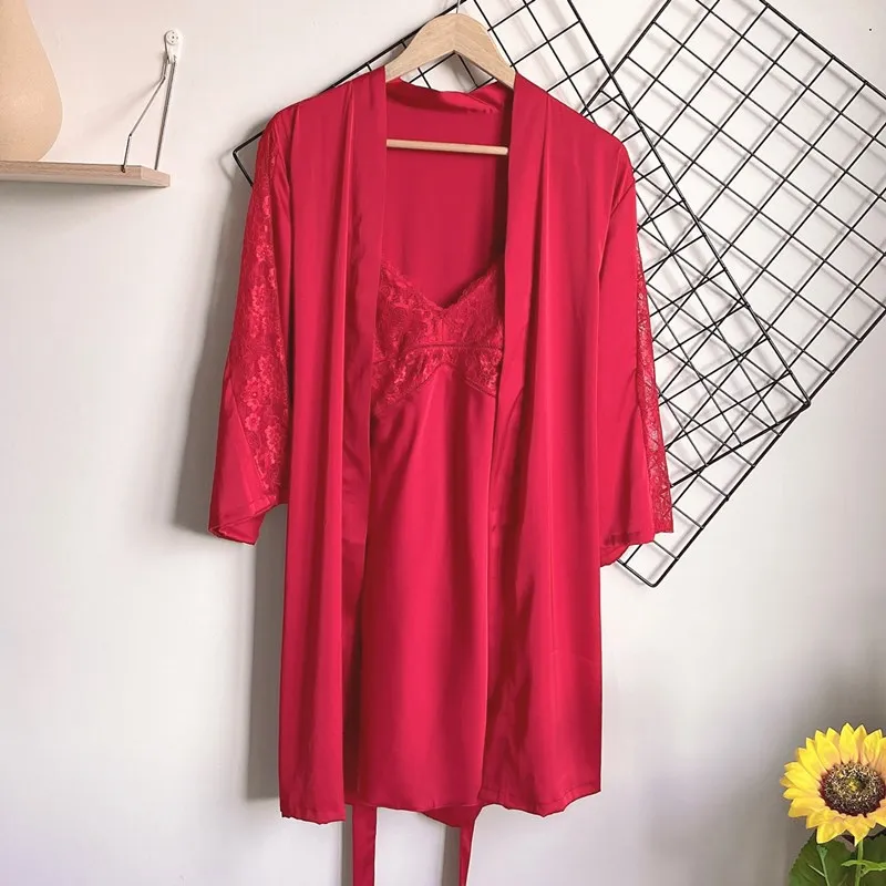 

Sexy Bathrobe Kimono Gown Women 2PCS Robe Set Satin Faux Silk Sleepwear Intimate Lingerie Lace Patchwork Nightwear Sleep Dress