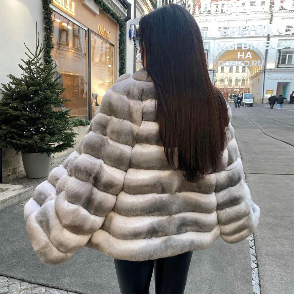 Women Natural Rex Rabbit Fur Jacket with Turn-down Collar Whole Skin Genuine Rabbit Fur Overcoat Luxury Woman Winter Fur Coats