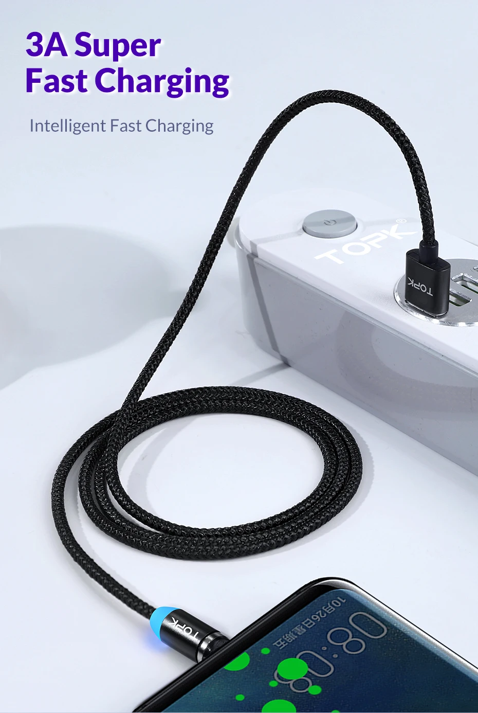 TOPK AM37 Быстрая зарядка Магнитный зарядный кабель mi cro usb type C кабель для iPhone X Xs Max 11 8 7 6 Xiaomi mi note 10 телефонные кабели
