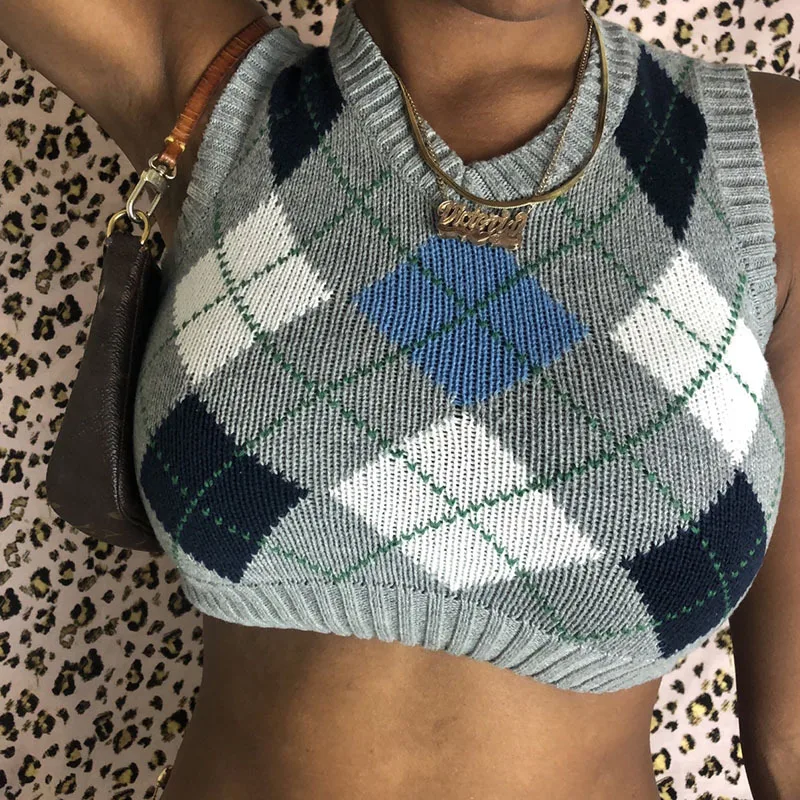 

autumn woman sweater vest knitted sleeveless cropped pullover tops argyle pattern v-neck bodycon clothes gilet femme